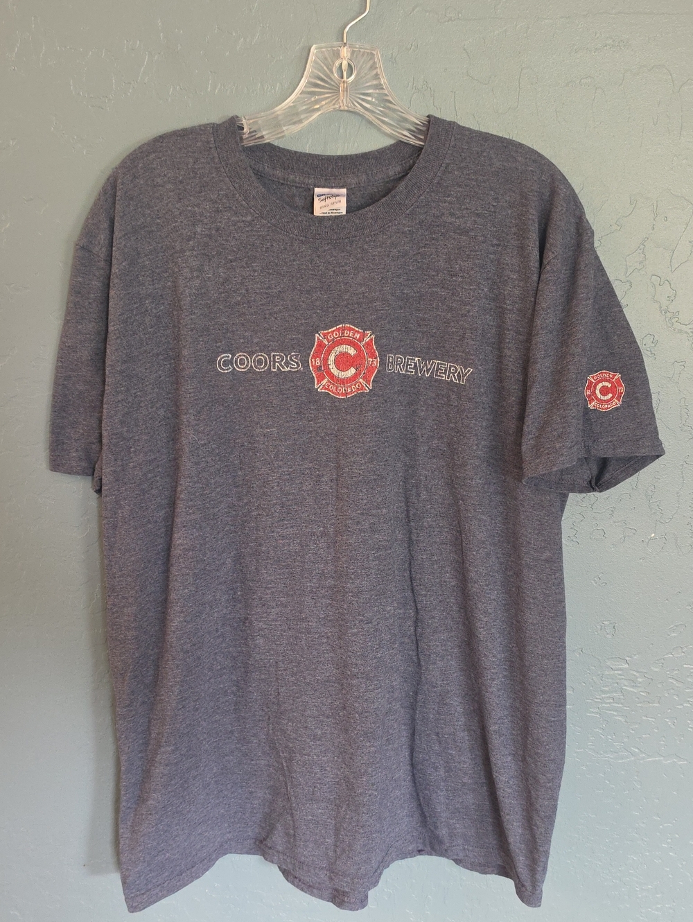 VTG Gildan Heather Blue Coors Brewery Short Sleeve Tee with Red Logo